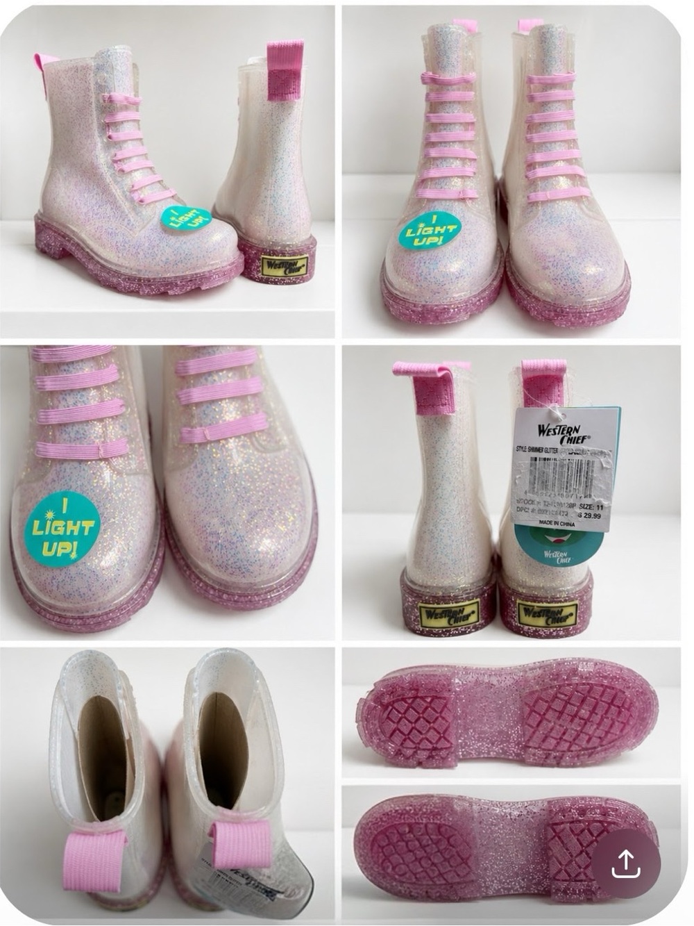 Western Chief Iridescent Pink Glitter Kids Light-Up Rain Boots